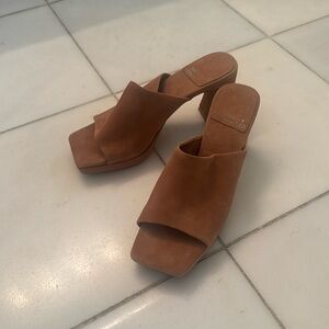 Jeffrey Campbell tan suede platform slides